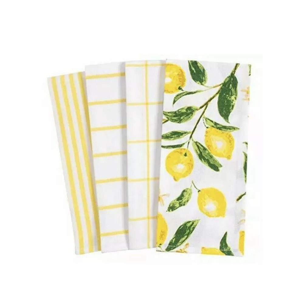 New Pantry Kitchen Dish Towel Set 4, Lemons/ Stripes 100-Percent Cotton 18 x 28